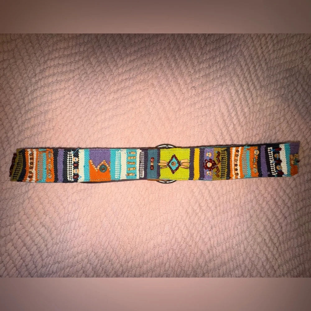 Chico's Embroidered Aztec Leather Belt in Brown and Multi